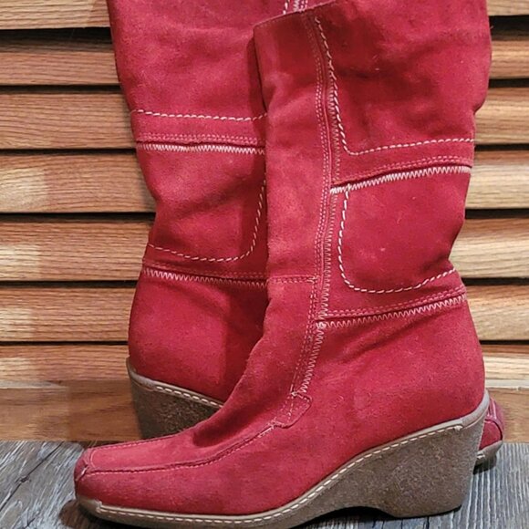 Nine West Women's 6 Red Suede Leather Whip Stitched Lined Wedge Shearling Boots - Picture 2 of 3